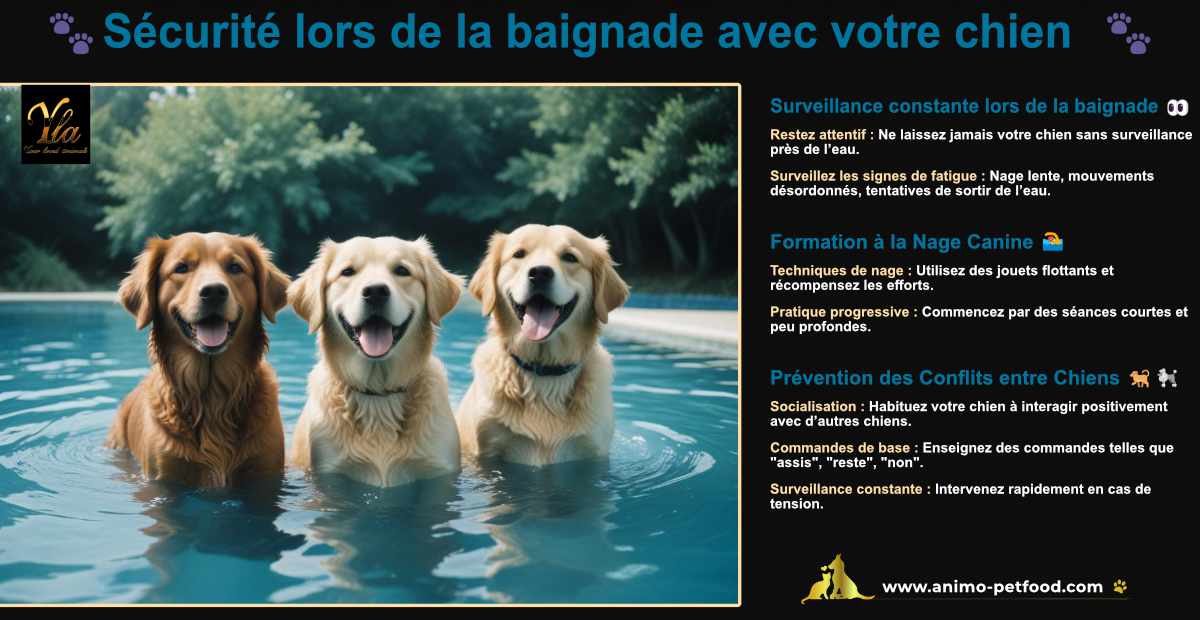Sécurité lors de la baignade avec votre chien. Surveillance constante, formation à la nage canine, et prévention des conflits entre chiens